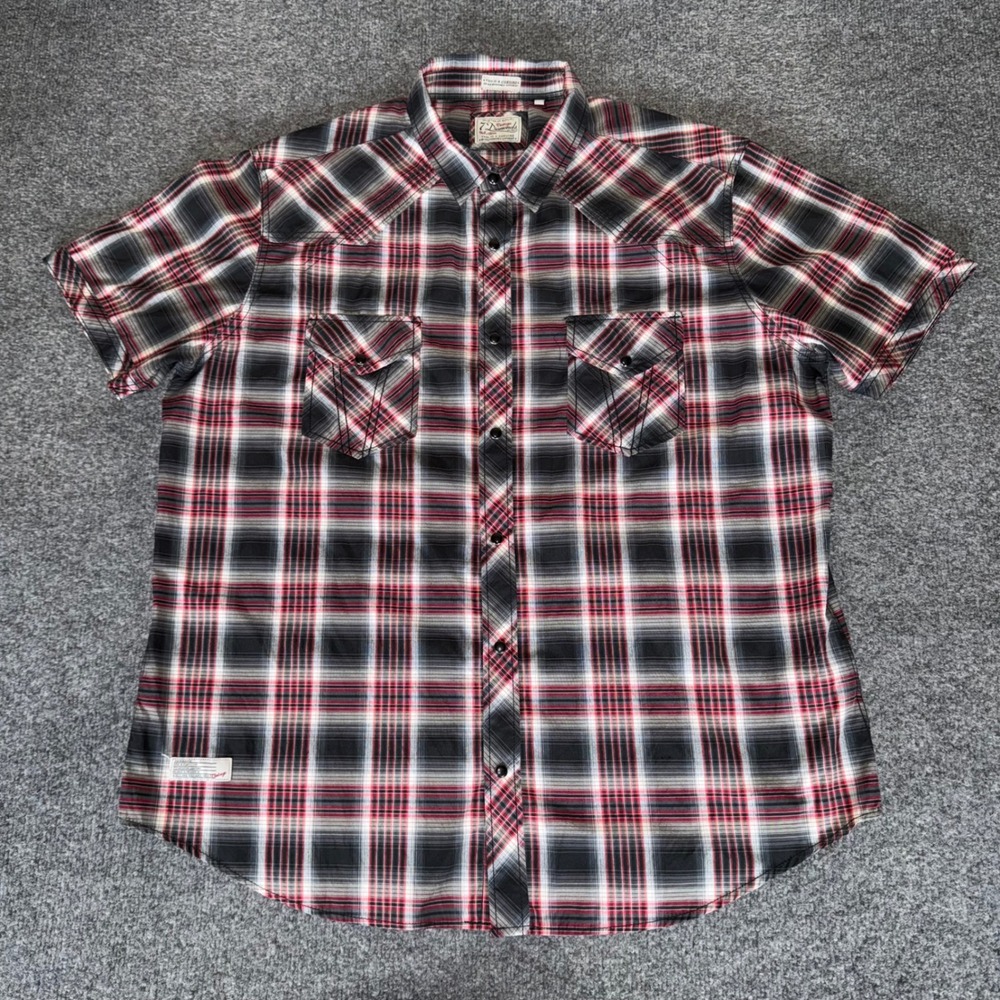 7 Diamonds Mens XXL Western Shirt Red Plaid Pearl Snap Cowboy VTG‎ Short Sleeve